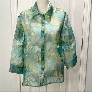 Bon Worth Women's Button Down Blouse Leaves Green Size MP Sheer